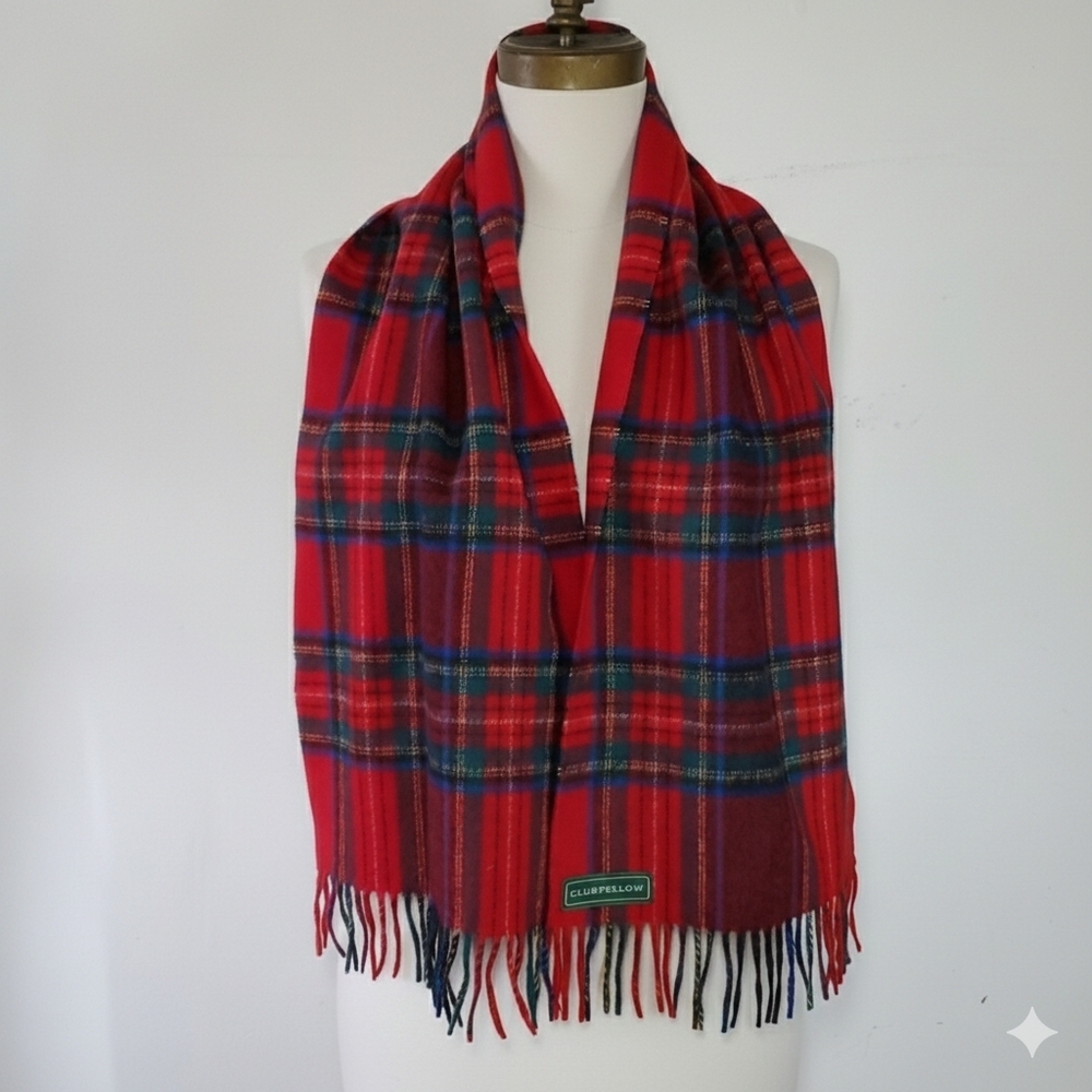 Clubfellow 50x11" Scarf Vintage Red Blue Plaid 100% Lambswool Unisex Germany